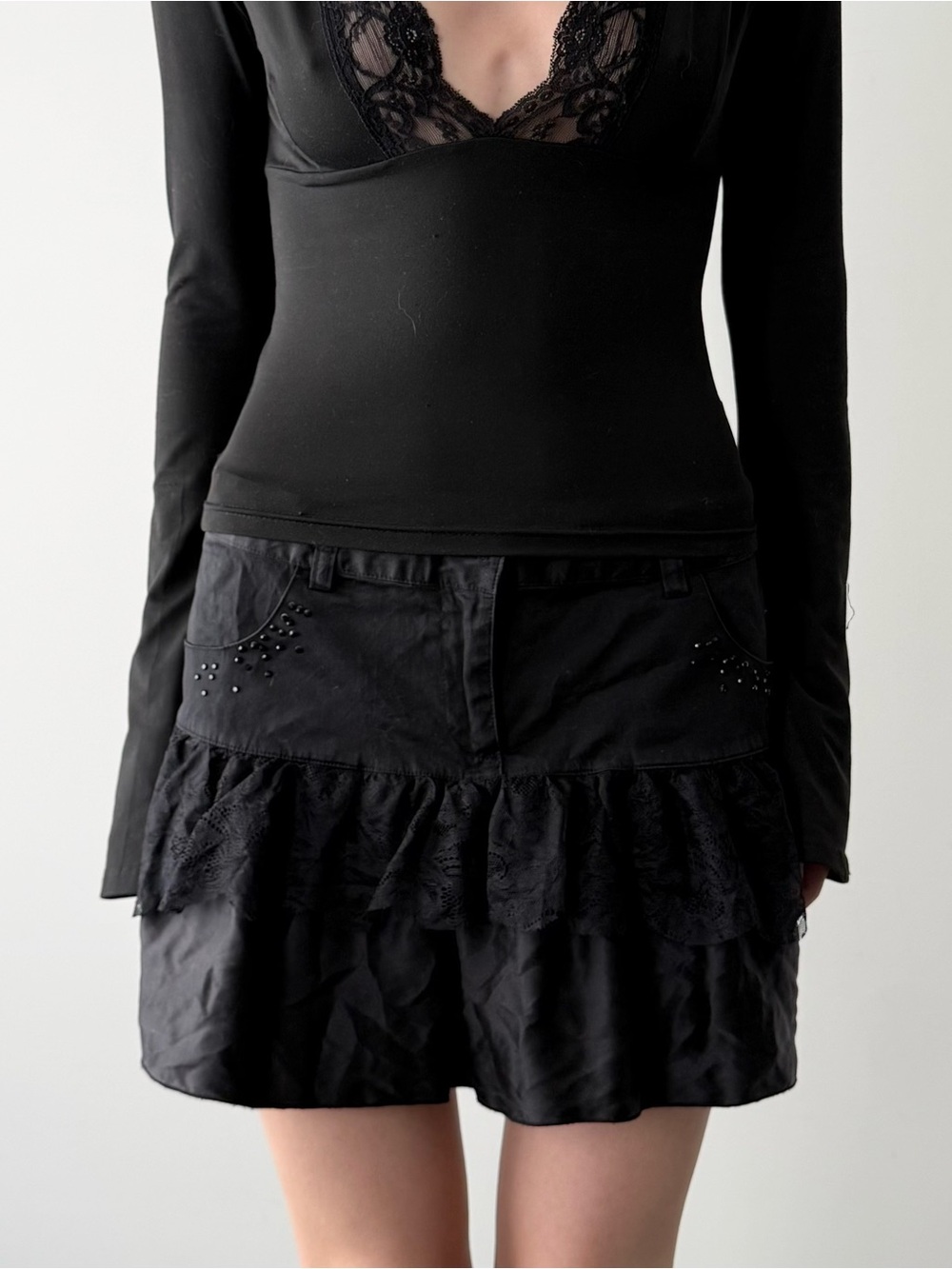 Buffalo black cotton silk lace mini skirt